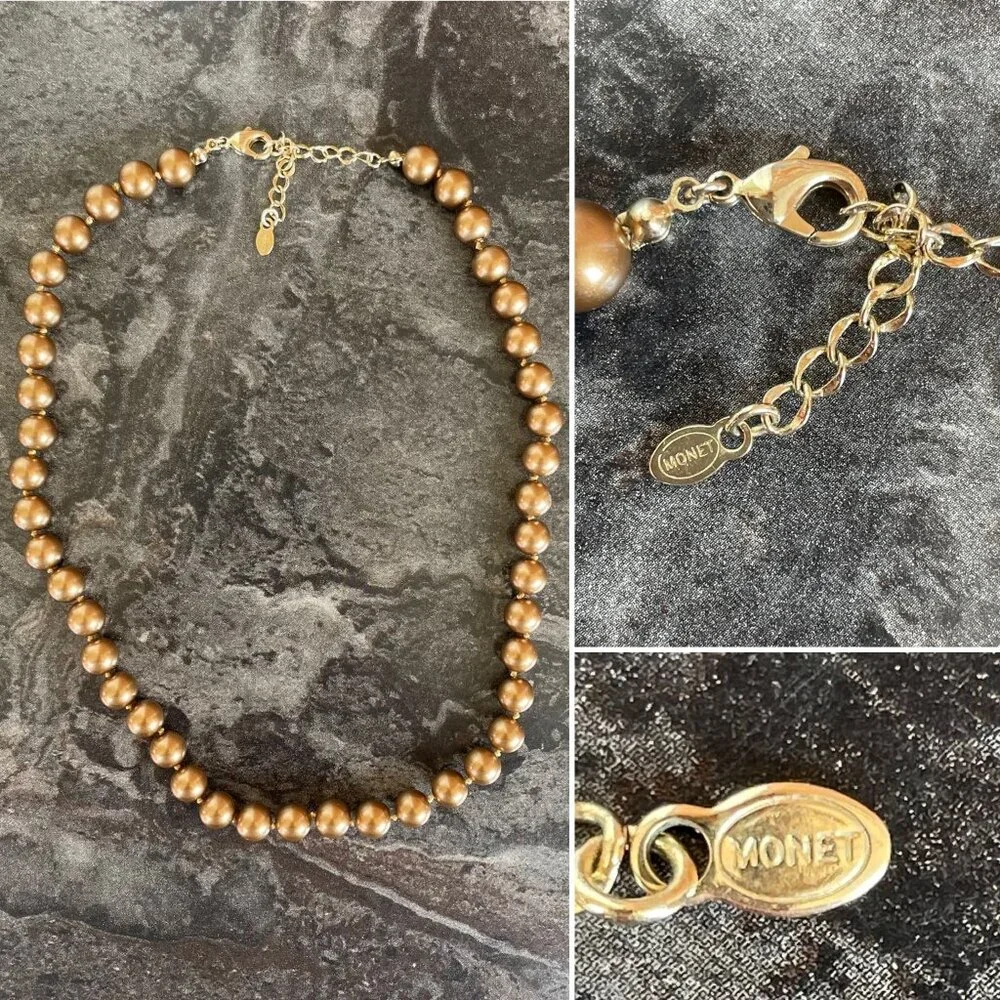 Monet Bronze Colored Faux Pearl Bead Necklace 16 to 18" w/ 8mm Beads Extender - Picture 4 of 9